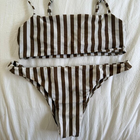 MIKOH White and Brown Striped Bikini Set Size Small - Picture 1 of 3
